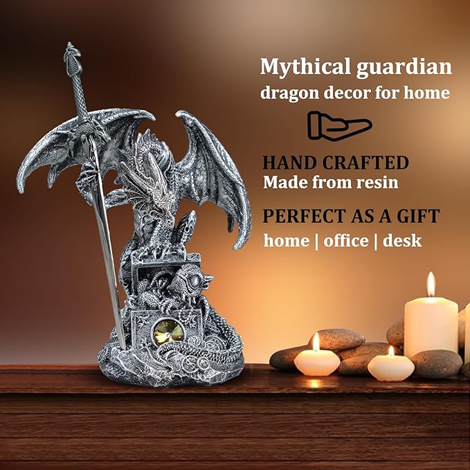 Fantasy Dragon Statue with Draconian Sword Letter Opener Figurine Collectible Dragon Sculpture Resin Home Decor Gifts 7.68''H (Silver)