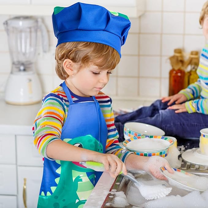 R HORSE 2 Pcs Kids Aprons Chef Hat Sets Adjustable Blue Cute Dinosaur Kitchen Aprons Cooking Baking Painting and Training Kits Dress up Role Play Chef Toy Kid Funny Cooking Gift New Year(3-5 Years)