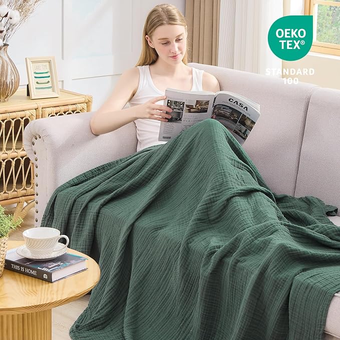 EMME Muslin Blankets for Adults Throw Blanket for Couch Breathable Gauze Soft Lightweight Airy Forest Green Twin XL 66" x 90"