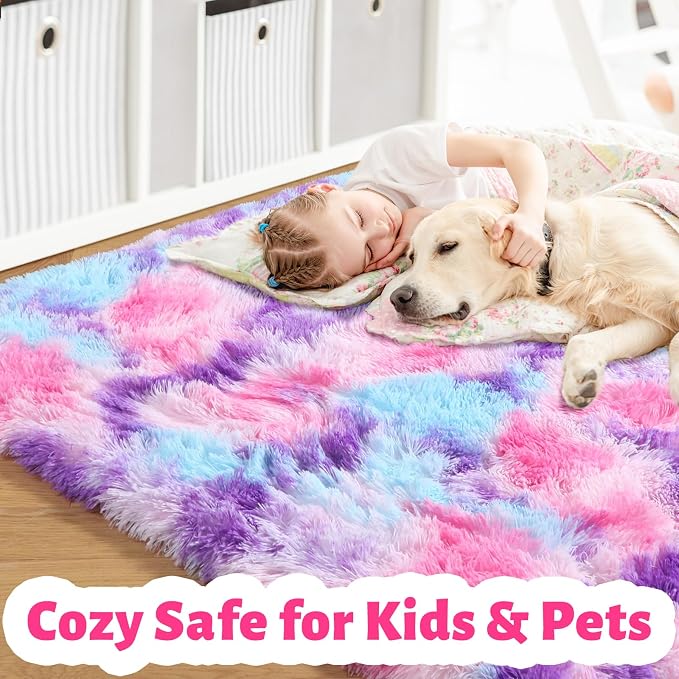 Amdrebio Pink Blue Purple Shaggy Kids Rug 5x8 for Girls Bedroom Living Room | Fluffy Fuzzy Plush Pastel Carpet, Classroom Nursery Playroom Dorm Decor, Cutecore Aesthetic, Baby Toddler Corner, Colorful