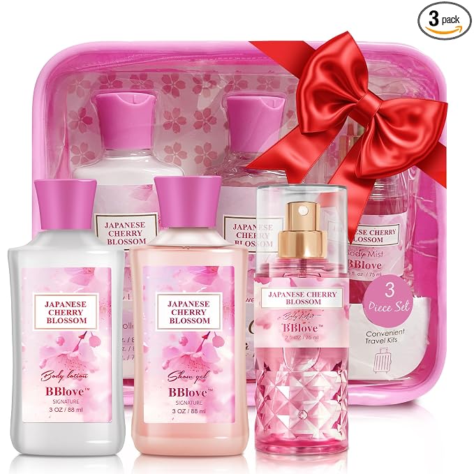 Bath and Body Gift Set for Women and Girls, 3PC Travel Size Self Care Spa Kit with Shower Gel, Body Lotion & Body Mist, Japanese Cherry Blossom Floral Scent, Gift for Teens Mom Bride Friends