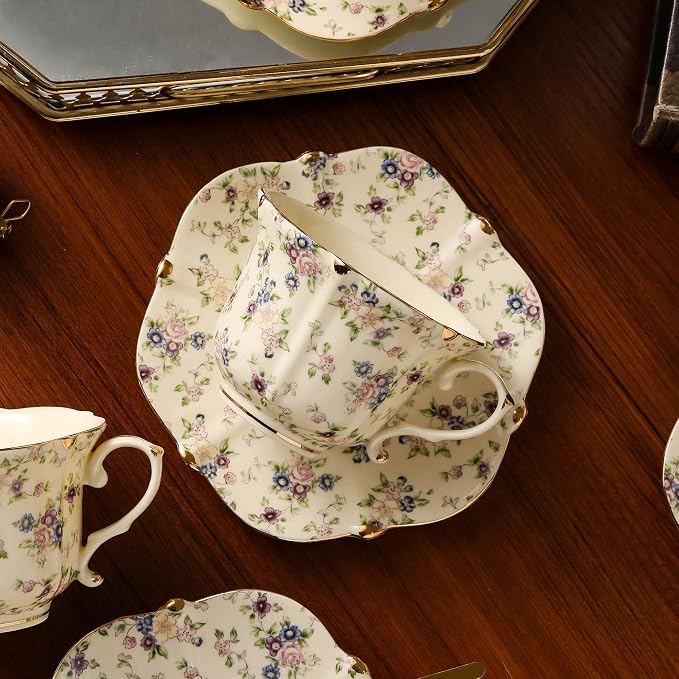 TATSUMI Country Roses Porcelain Tea Set, European Ceramic tea set for adults,Vintage Style, For Women and Tea Parties (Yellow, 13 Pieces Set)