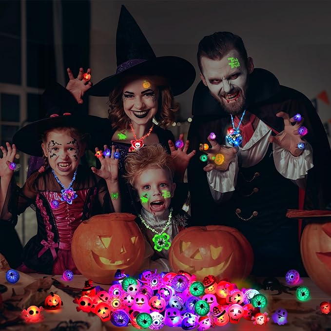 78 Pcs Halloween Party Favors, Halloween Toys Gifts for Kids, LED Rotating Bracelets Necklaces Light Up Rings Glow In The Dark Bouncy Balls Temporary Tattoos for Halloween Party Decorations Supplies