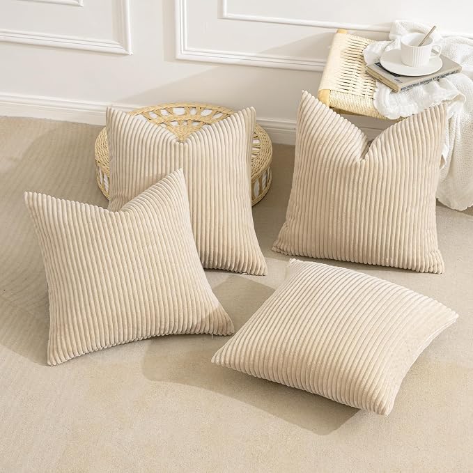 MIULEE Soft Corduroy Decorative Throw Pillow Covers Beige 20x20 | Set of 4, Mordern Nordic Home Decor, All Same Color Set, Boho Farmhouse Cushion Covers for Couch Bed Sofa Living Room