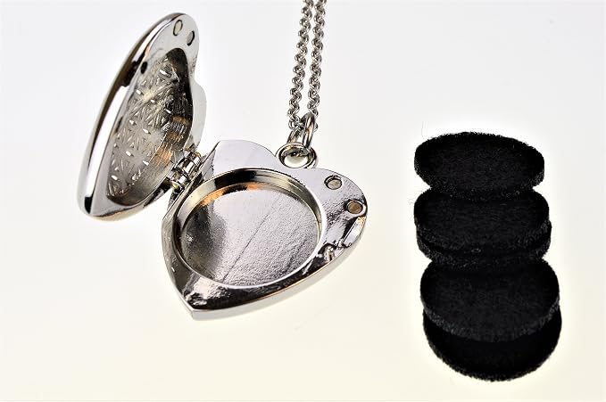 Wild Essentials Heart of Chrome Essential Oil Diffuser Nickel Free Alloy Locket Pendant with 24 inch Chain, 6 Refill Pads, Customizable Color Changing Perfume Jewelry for Aromatherapy