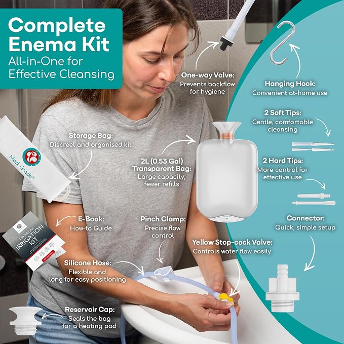 Medi Grade Enema Kit for Adults, 2L Capacity - Transparent, Hands-Free with One-Way Valve, 4 Tips and Enema Bag - Enemas for Colon Cleanse for Women and Men - for Coffee Enema & Colon Cleansing