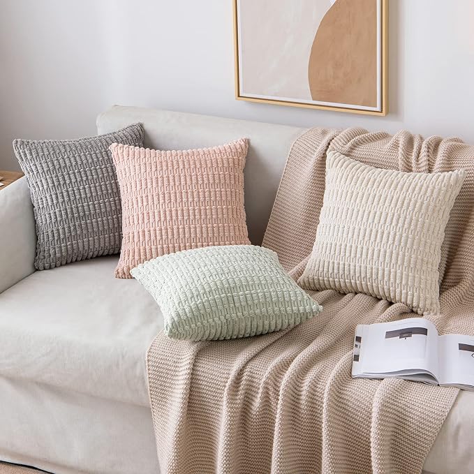 MIULEE Corduroy Decorative Throw Pillow Covers 18x18 Pink Pack of 2 | Soft Boho Striped Pillow Covers Modern Farmhouse Home Decor For Sofa Living Room Couch Bed