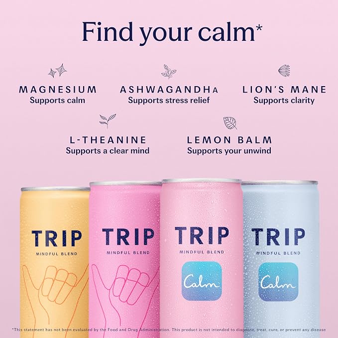Trip Mindful Blend, Lightly Sparkling Adaptogen Seltzer, Mocktail w/ 120mg Magnesium Citrate with Ashwagandha, Lions Mane & L Theanine, No Added Sugar, Vegan, Tropical Fruits Variety Pack, 12 Oz, 12Pk