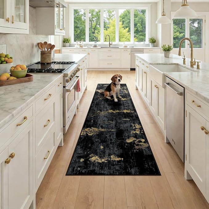 RELEANY Washable Area Rugs 2x7 Non-Slip Modern Abstract Soft for Living Room Entryway Bedroom Kitchen, Print Pattern, Dark Black Gold