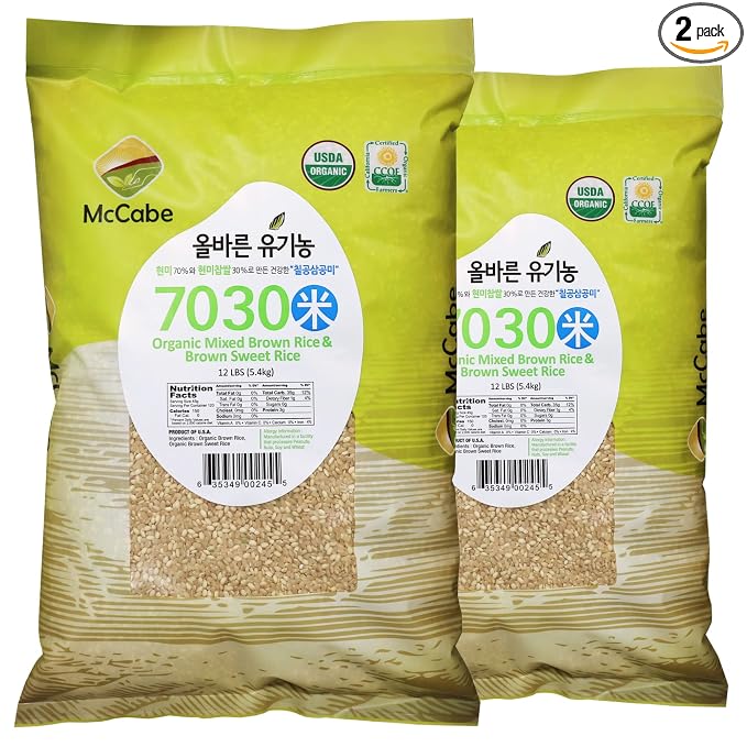 McCabe Organic 7030 Brown Rice & Brown Sweet Rice - Rich with Fiber & Minerals | USDA and CCOF Certified | Product of USA | 12Lbs
