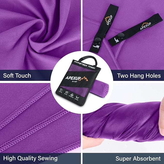 APEXUP Microfiber Travel Towel, Ultra Absorbent Quick Dry Towels, Lightweight Gym Sports Camping Towel for Workout, Yoga, Beach, Shower, Swimming (24"×12", Purple)