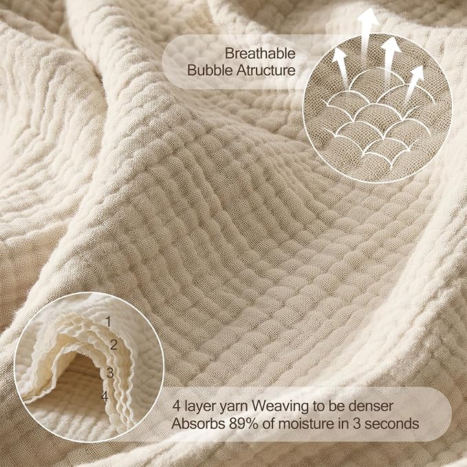 WDCOZY 100% Cotton Muslin Blanket King Size 4-Layer for Bed Breathable Lightweight Soft Large Boho Farmhouse Linen Tassels Ruffle Gauze Blankets All Season for Adults 102x120 Inches Beige Tan Neutral