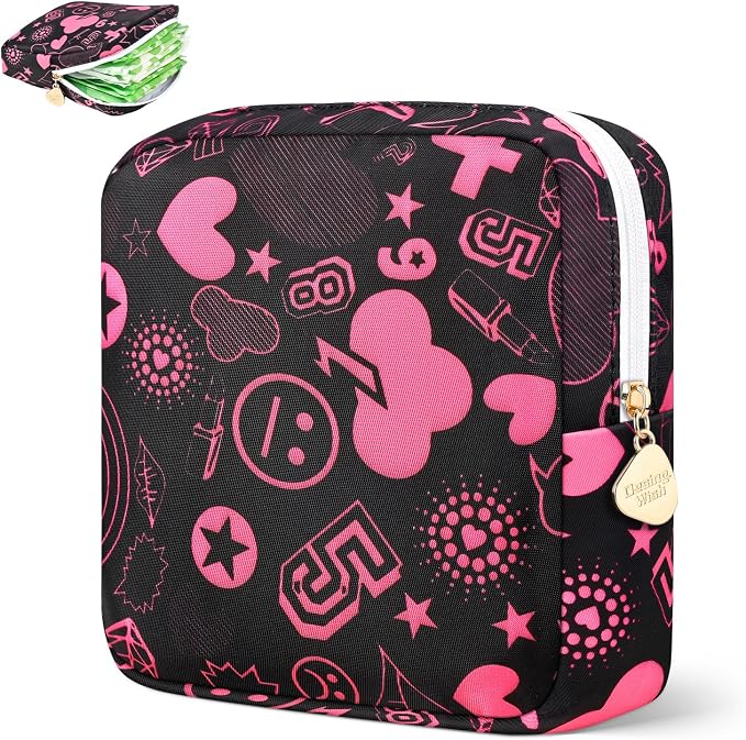 Period Bag for Girls Polyester Period Pouch Pad Bag First Period Kit for Teen Pads/Sanitary Napkins/Small Tampons, Feminine Hygiene Organizer for Women (Pink Graffiti)