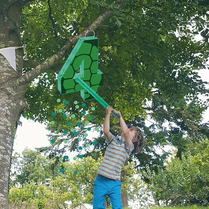 16 Inch Turtle Number 4 Pinata, Turtle Birthday Decorations, Turtle Theme Pinata with 16 Inch Stick Blindfold Confetti for Boy Girl Kids 4th Birthday Party Supplies(4th)