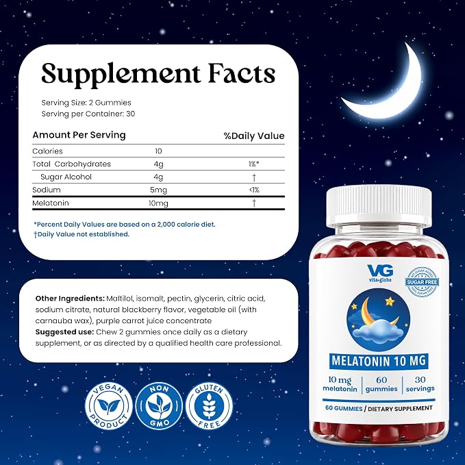 VITA GLOBE Melatonin Gummies 10mg, Sleep Aid Gummies, Sugar Free- Non-GMO, Vegan and Sleep Aid Supplement, Supports Relaxation & Healthy Sleep Cycle, 60 Count Sleep Aid Gummy (Pack of 2)