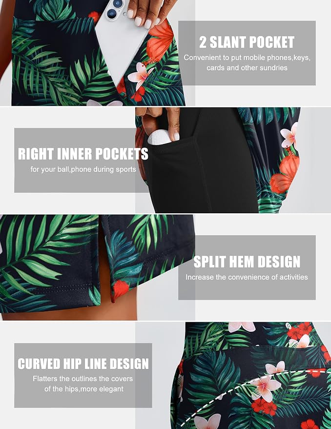 PINSPARK 20" Skorts for Woman Knee Length UPF 50+ Golf Skirts | 4 Pockets, Built-in Shorts, High Waisted, Split Hem, Silky-smooth, Moisture-wicking, for Golf Athletic Tennis Workout Casual
