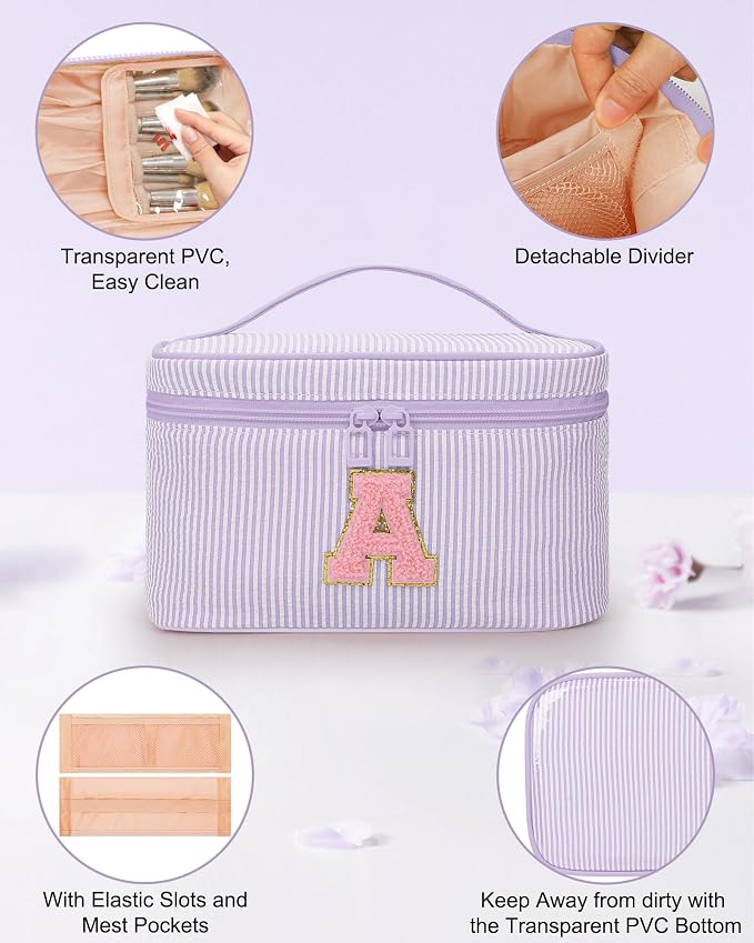 MONSTINA Monogram Cosmetic Bag with Brush Holder,Gifts for Girls Teen Girls-Initial Makeup Bag|Personalized Gifts for Women Friends|Cute Toiletry Make Up Traveling Stuff Organizer 2PCS Purple D