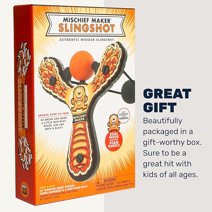 Mischief Maker® Wooden Slingshot - Lil’ Monster Series - Real Wood Slingshot for Kids, 4 Soft Foam Balls and Storage Bag - Ages 4+ (Orange)