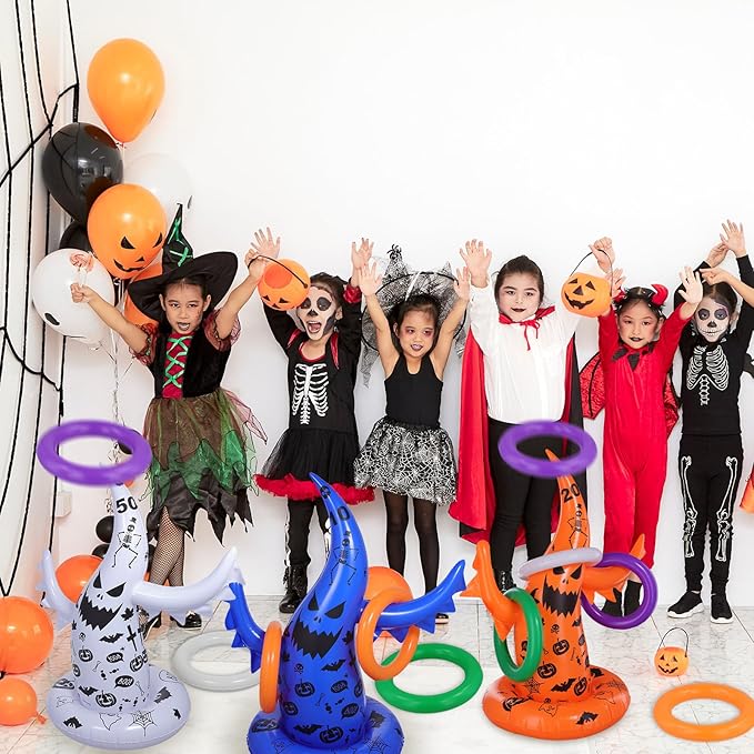 Halloween Ring Toss Game Set, 5 Pack Inflatable Ghost Witch Hat Ring Toss Fun Halloween Games for Kids Trunk or Treat Party Games Carnival Activities Indoor Outdoor Halloween Party Supplies