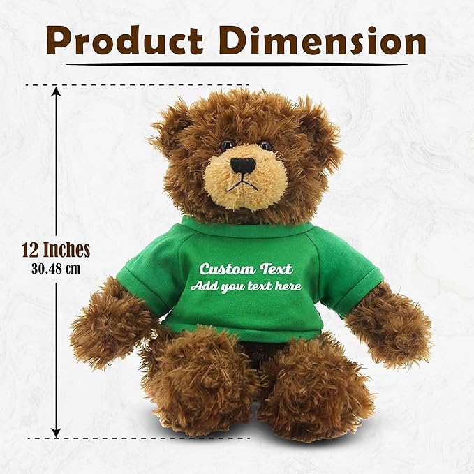 Customized Chocolate Brandon Bear - 12 inch Personalized Stuffed Bear Plush Toy - Perfect Custom Shirt Bear Gift for Graduation Valentines Graduation Easter Holidays (Green Shirt)
