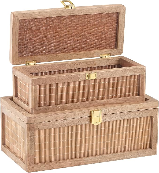 Natural Bamboo Decorative Box with Lids, Unique Decorative Boxes Set of 2, Boho Wedding Keepsake Box, Memory Box with Lid for Crafts, trinkets and Photo Storage