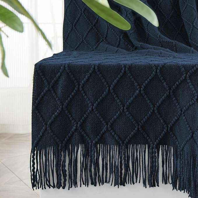 inhand Dark Blue Knitted Throw Blanket for Couch and Bed, 60"x80" | Soft Cozy Knit Blanket with Tassel, Lightweight Decorative Blankets and Throws, Farmhouse Warm Woven for Men and Women