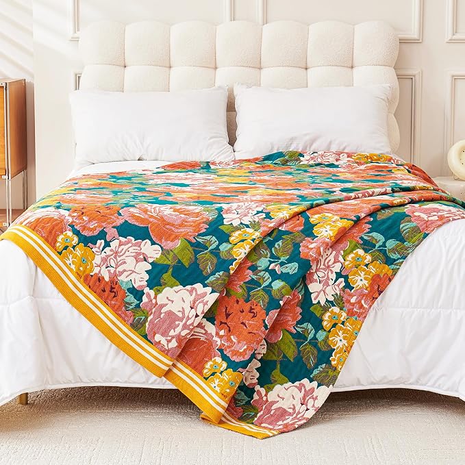 VANJOROY Boho Throw Blanket, 100% Organic Cotton Breathable Ultra Soft 80" x 90" Bed Quilt Throw - All Season Floral Rustic Farmhouse Decor Luxury Reversible Blanket for Sofa Couch Chair and Gift