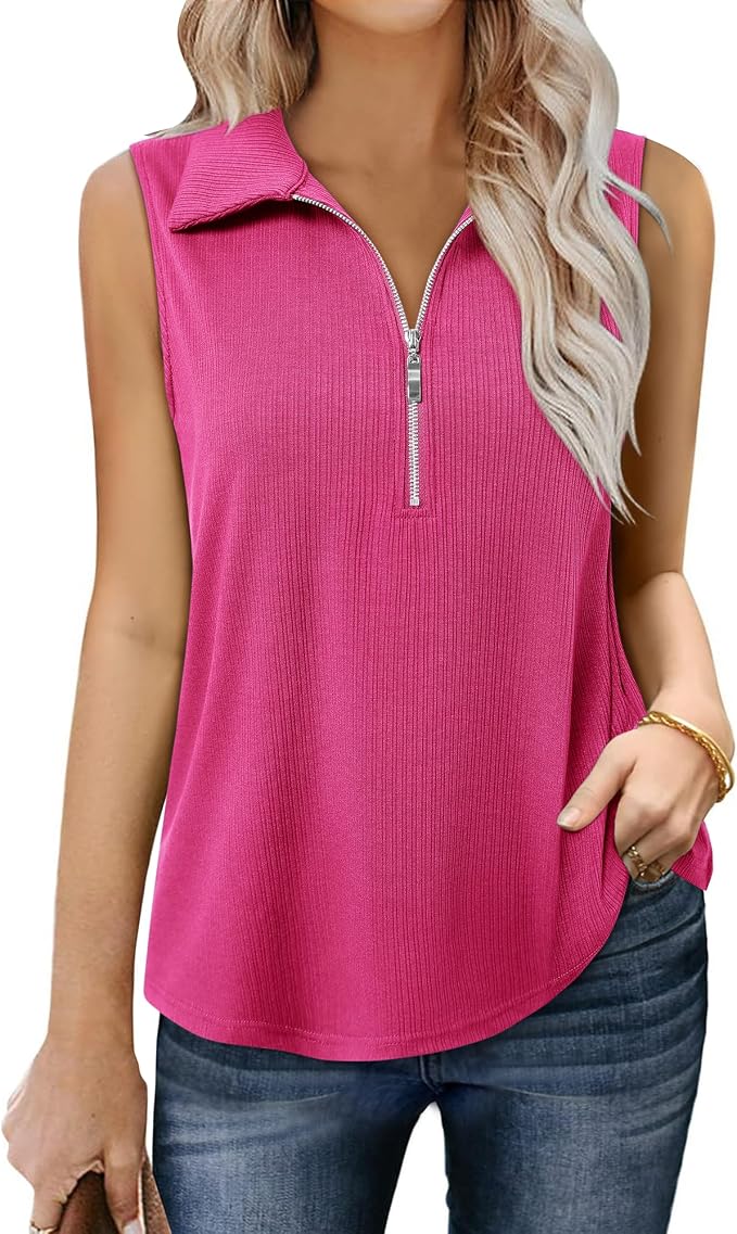 Vivilli Womens Ribbed Tank Top Zipper V Neck Dressy Casual Blouses Sleeveless Camisole Tops Work Tank Polo Shirts