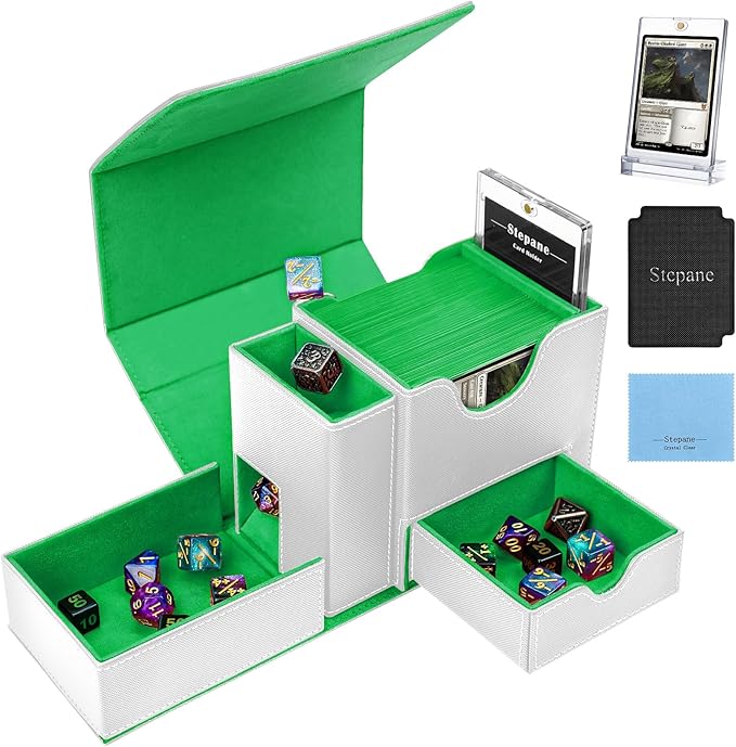 MTG Deck Box for Commander Display with Dice Tower, Fits 100 Double Sleeved Cards for TCG/PTCG, Cards Storage Case with Dice Tray and 35PT Magnetic Card Holder (White/Green)