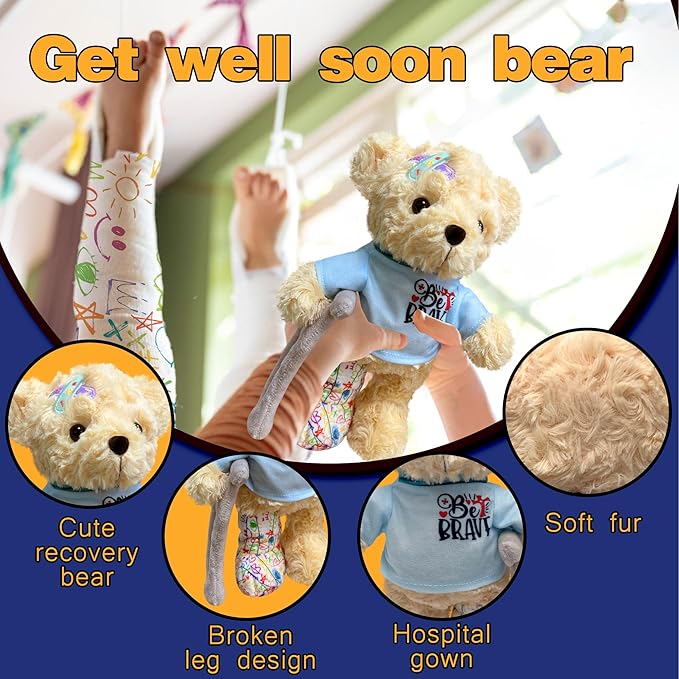 1PC Get Well Soon Broken Leg Teddy Bear - 11" Teddy Stuffed Animal with Switchable Magic Tape Cast & Crutch, Hospital Surgery Recovery Gift for Kids/Toddlers, Be Brave Pre-Printed Doodle Plush