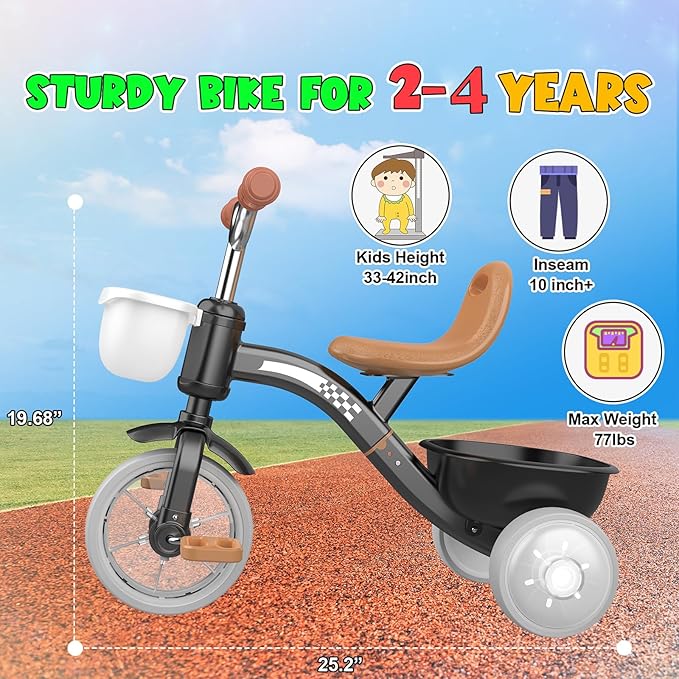 Toddler Tricycle for 1-3 3-4 Year Olds, Toddler Baby Bike, 2 3 4 Year Old Boys Girls Birthday Gifts, Outdoor Riding Toys for Ages 2-4, 3-Level Adjustable Seat, 3 Color Light Wheels, 2 Baskets