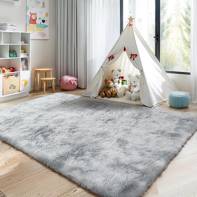 4x6 Light Grey Fluffy Shag Rug for Bedroom, Plush Washable Carpet | Area Rug for Living Room, Kids Nursery, Boys Dorm Room, Non Slip Shaggy Floor Carpet