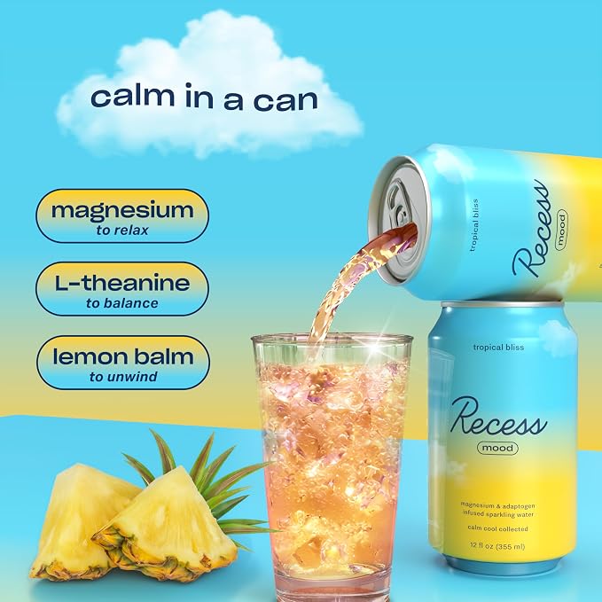 Recess Mood Magnesium & Adaptogen Drink, Relaxation Beverage, 12 ounce (Tropical Bliss, 12 pack)