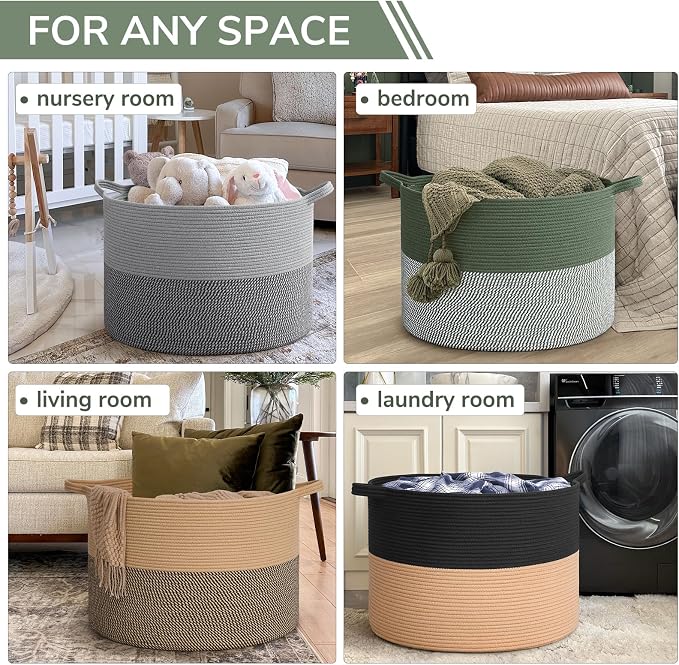 INDRESSME 115L Extra Large Woven Rope Blanket Basket Living Room Green | 23.6" x 15.7" Storage baskets for toys laundry & pillows. Fits living room, bedroom or nursery décor. Soft-touch with handles
