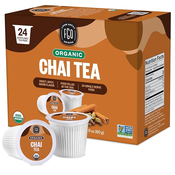 FGO Organic Chai Black Tea K-Cup Pods for Keurig, 24 Count (Pack of 1), Premium Black Tea with Chai Spice is USDA Organic, Non-GMO, & Recyclable with Naturally Occurring Caffeine