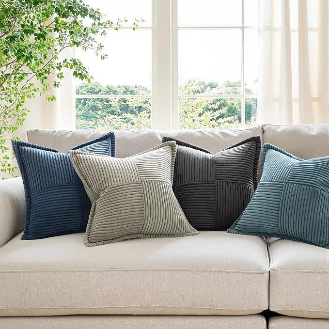 MIULEE Decorative Throw Pillow Covers for Couch 20x20 Inch Blue 2 Pack | Boho Broadside Striped Patchwork Pillow Covers, Soft Corduroy Cushion Cases, For Couch Sofa Bed Livingroom Home Decor