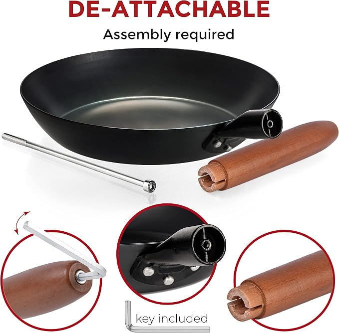 YOSUKATA 11.8" Carbon Steel Frying Pan – Non-Toxic Pre-Seasoned Skillet with Removable Wooden Handle – Coating-Free Wok-Style Pan for Gas, Induction, Electric, Oven & Grill BBQ
