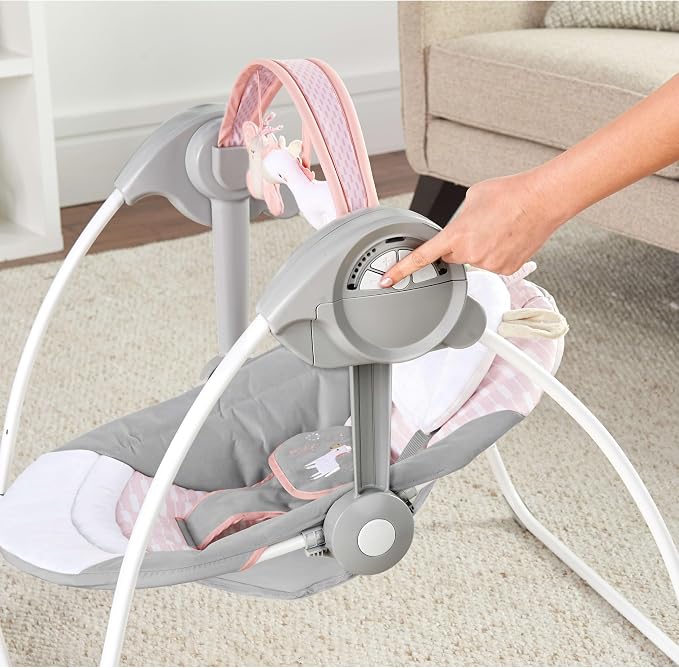 Ingenuity Comfort 2 Go Compact Portable 6-Speed Cushioned Baby Swing with Music, Folds Easy, 0-9 Months 6-20 lbs (Pink Flora the Unicorn)