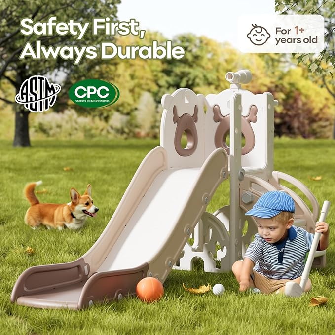 Mloong 7 in 1 Toddler Slide, Kids Slide for Toddlers Baby 1-3 Years Old, Indoor and Outdoor with Basketball Hoop Upgraded Golf for Kids Easy Assembly Elk Design(Beige & Rosy Brown)(28×62×39in)