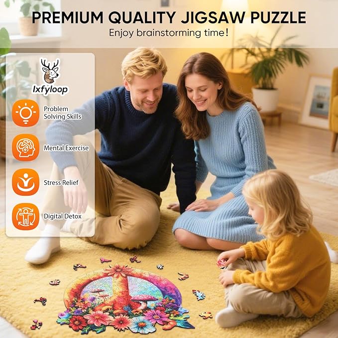 Ixfyloop Flower Wooden Puzzles for Adults, Peace Symbol Jigsaw Puzzles, Unique Shape Adult Puzzles 200pcs, Wood Puzzles Gift for Adults and Kids Family Brain Games 11.2x11.4 inch