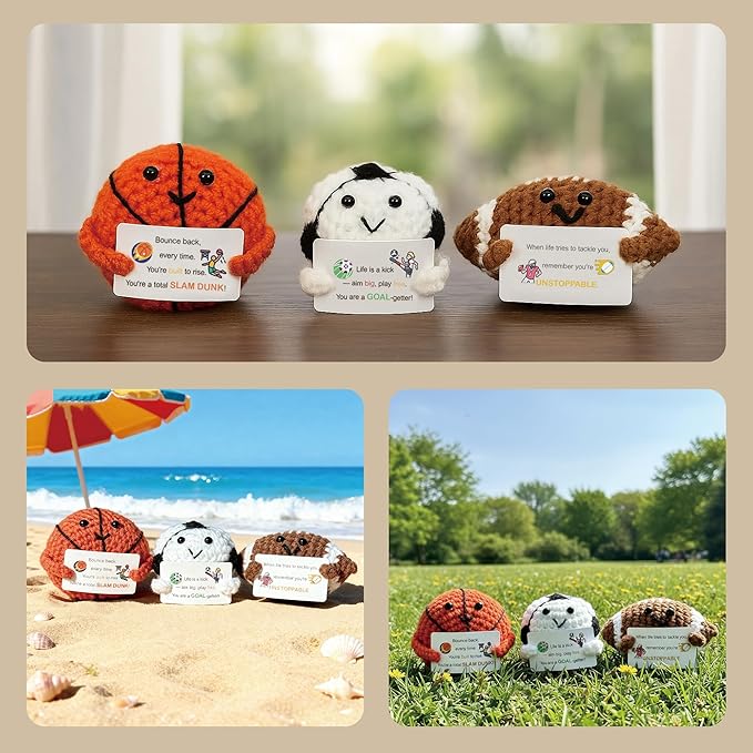 3-PCS | Sports Mania Crochet Set | Basketball Football Rugby Positive Plush | Handmade Emotional Stuffed Toys with Wooden Stand & Inspirational Cards | Mental Health Decor Gift for Fan Teens Adults