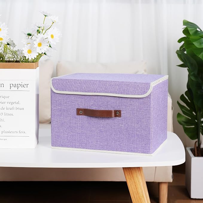 ANMINY Fabric Storage Box Bins with Lids, Purple, 15"x10"x10" | Keepsake Memory Storage, Cotton Linen, PP Board Reinforced, Washable, PU Handles, Foldable & Stackable, Decorative, Large