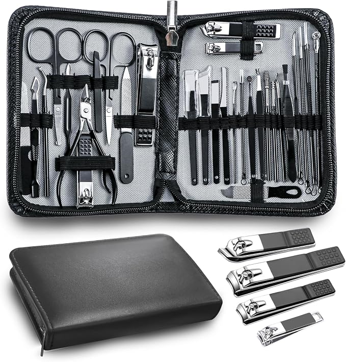 Manicure Pedicure Kit Professional 30pcs Complete Nail Care kit，fingernail and toenail Clippers and Manicure kit for Men with Travel Deluxe Beauty Tools Convenience Set (Black)