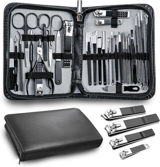 Manicure Pedicure Kit Professional 30pcs Complete Nail Care kit，fingernail and toenail Clippers and Manicure kit for Men with Travel Deluxe Beauty Tools Convenience Set (Black)