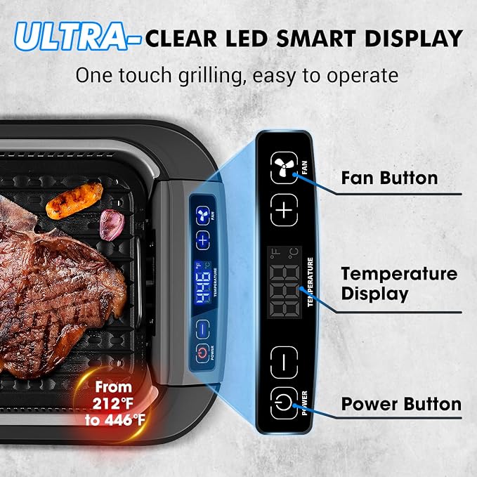 CUSIMAX Smokeless Indoor Grill, 1500W Electric Grill Korean BBQ Grill Black | Adjusting Temperature/With Smart LED Display/Turbo Smoke Extractor/Non-stick Removable Grill Plate/Tempered Glass Lid