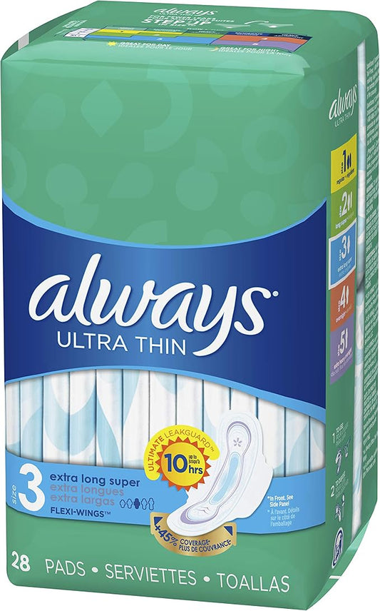 Always Ultra Thin Size 3 Extra Long Super Pads With Wings Unscented, 28 Count