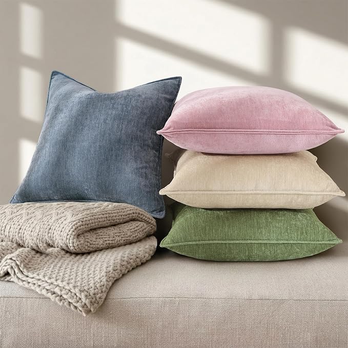 decorUhome Chenille Haze Blue Velvet Throw Pillow Covers 22x22 Set of 2 | Fall Soft Euro Sham Couch Decorative Modern Farmhouse Pillow Cases with Elegant Design for Sofa Bed Living Room Home Decor