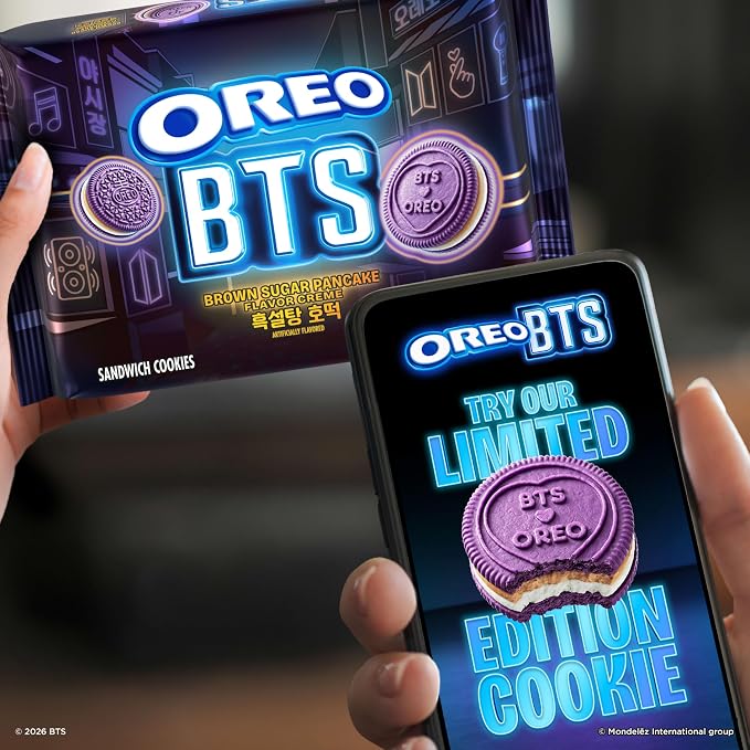 OREO BTS Sandwich Cookies, Limited Edition, 10.68 oz. | Brown Sugar Pancake Flavor Creme, Purple Wafer Cookies, 13 unique BTS-selected Designs