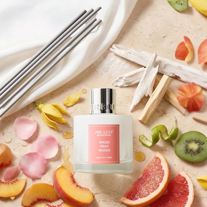 Airkeep Reed Diffuser Set,3.38 fl oz (100 ml) - Spiced Fruit Woods Oil Diffusers with 8 Reed Sticks, Home Fragrance Reed Diffuser for Bathroom Shelf Decor