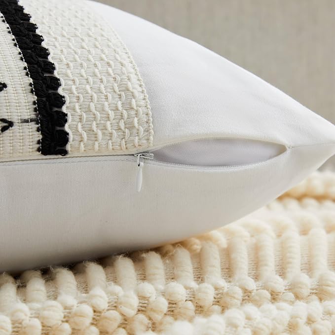 2pk Boho Pillow Covers 12x20, Natural White/Grid/Black | 100% Organic Cotton Body, Stripe Embroidery, Farmhouse Decorative Cushion Covers for Sofa Bed Living Room Home Decor